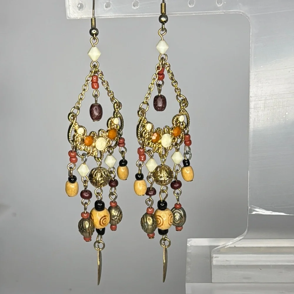 Bohemian Gold and Brown Chandelier Earrings with Leaf Charms - Picture 1 of 3